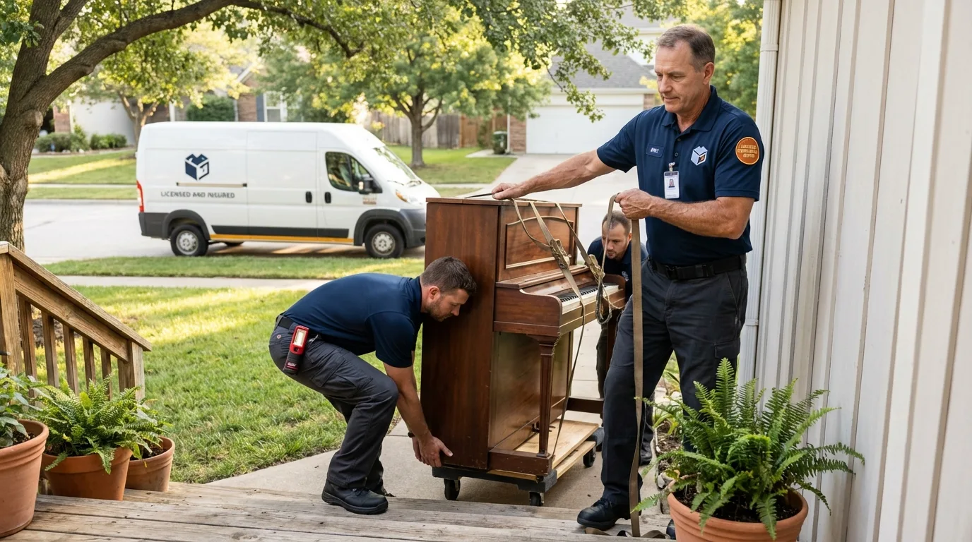 Licensed piano movers securing grand piano in Beverly Hills, FL