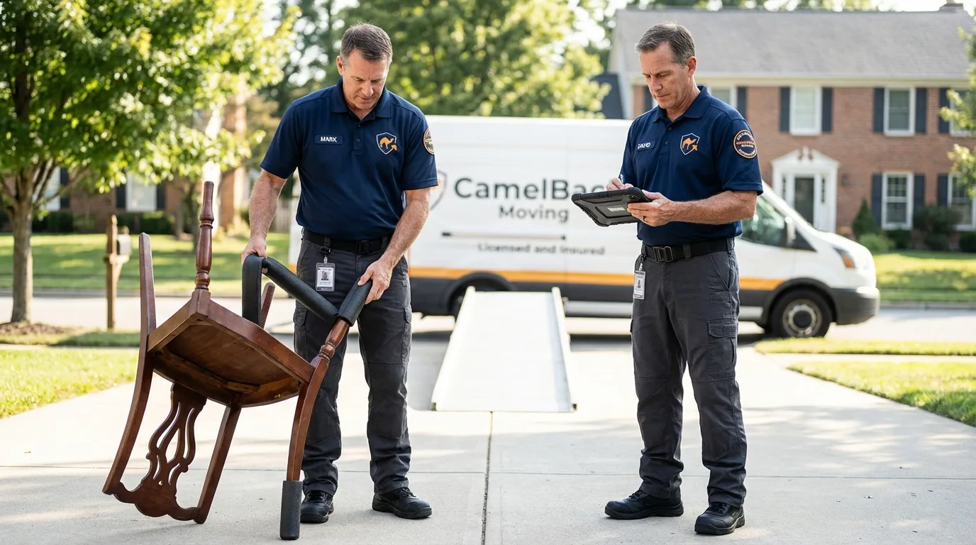 Movers inspecting furniture for damage prevention before loading in Beverly Hills, FL